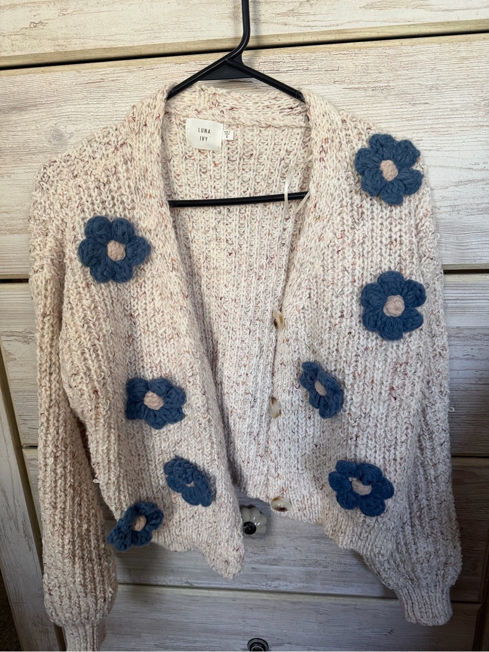 Cream Knit Cardigan with Blue Floral Appliqué